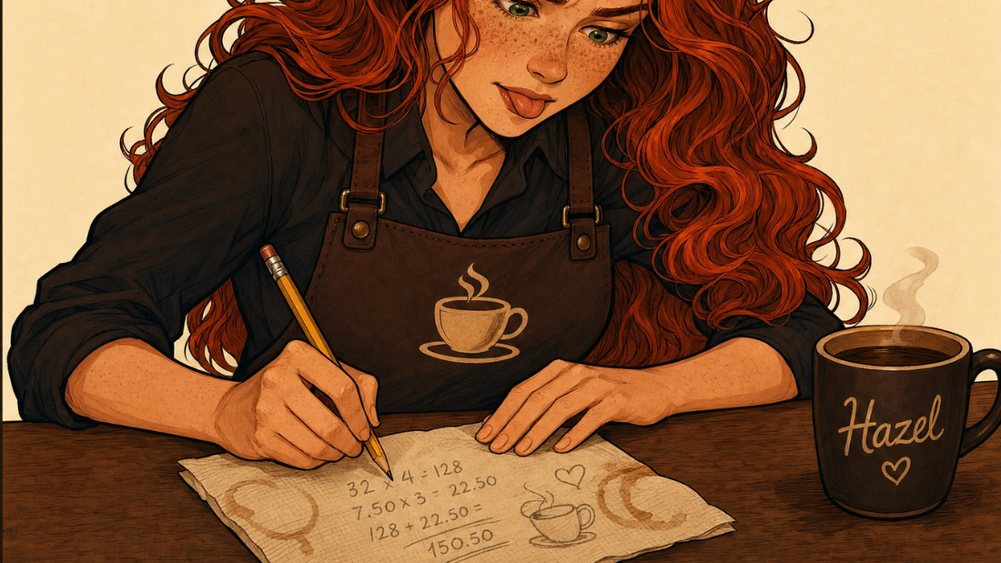 Hazel, Beardo's Chief Global Coffee and Tea Adviser, doing napkin math over a steaming mug