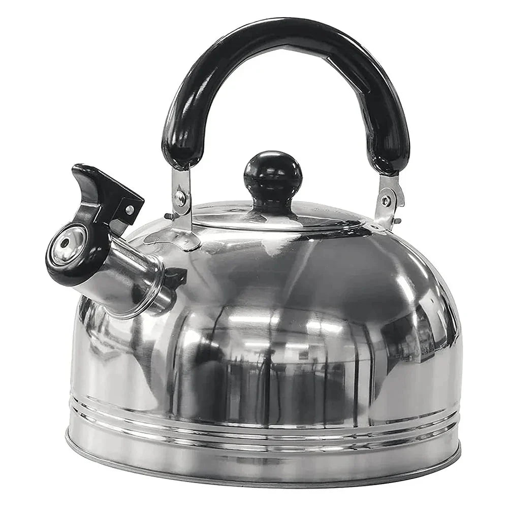 2L (68 fl oz) Stainless Steel Whistling Kettle – Portable Camping Teapot & Coffee Pot with Folding Handle