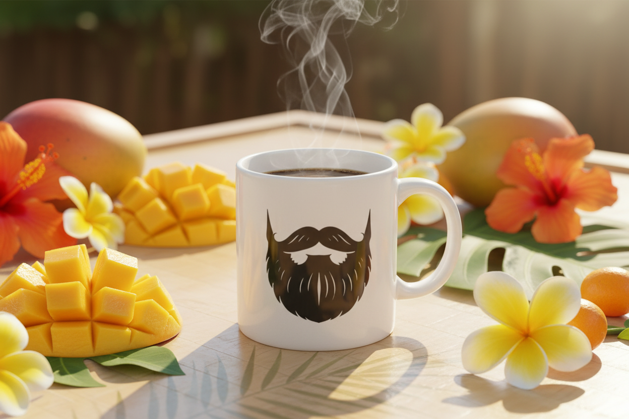Mango Treat — Beardo's branded mug with mustache and full beard, fresh mango slices, tropical flowers, vibrant yellow and orange tones, warm sunny tropical light