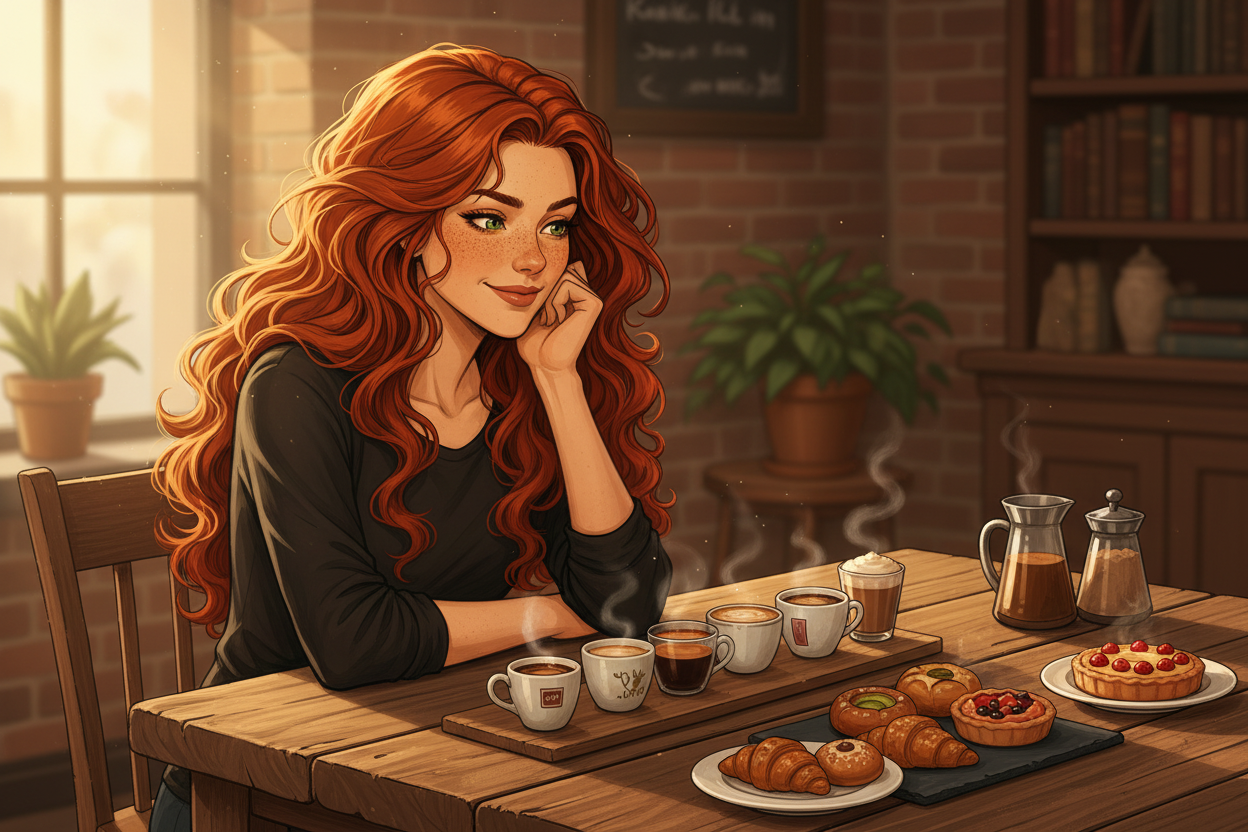 Hazel, Beardo's Brews Ambassador of Good Vibes, sitting at a rustic Sunday brunch table with six small coffee cups lined up in front of her, chin resting on her hand, staring at them like this is the most important decision she's ever made — hair loose and wild, pastries untouched, the bracket is running