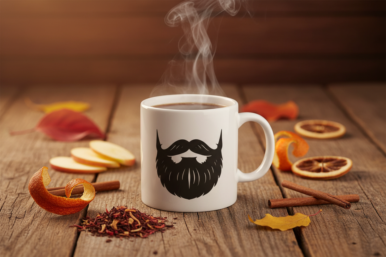 Apple Cider Rooibos — Beardo's branded mug with mustache and full beard, apple slices, cinnamon sticks, orange peel, dried rooibos leaves, warm amber autumn tones