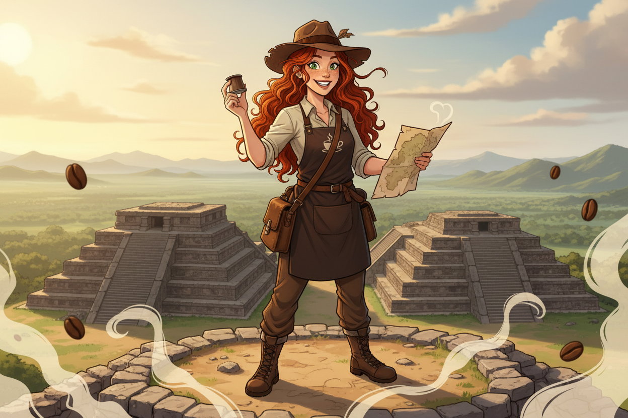 Hazel, Beardo's Brews Ambassador of Good Vibes, on top of Monte Albán ruins in her fedora, single serve capsule coffee in one hand, treasure map just unfolded in the other, eyes wide — rumors of a pink diamond in Sumatra