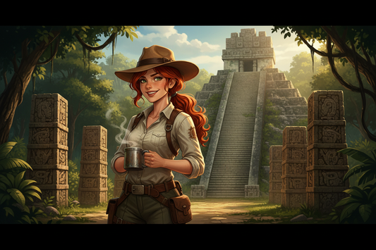 Hazel, Beardo's Brews Ambassador of Good Vibes, wearing a tan fedora with red curly ponytail, standing among ancient carved Mayan stelae at the Copán ruins in Honduras, holding a steaming coffee cup, hieroglyphic stairway and jungle pyramids behind her