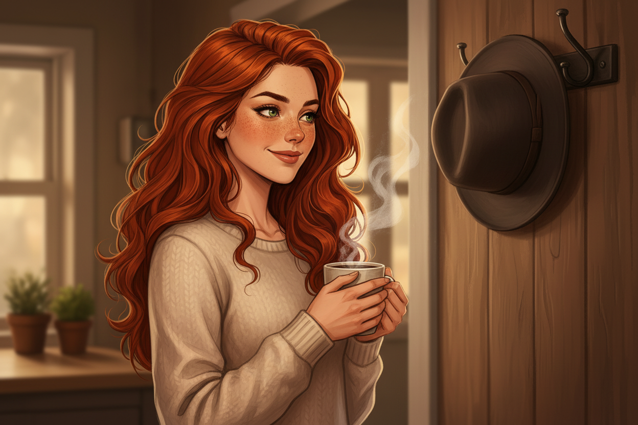 Hazel, Beardo's Brews Ambassador of Good Vibes, standing in a cozy home entryway holding a steaming coffee mug, glancing wistfully at a fedora hat hanging on a hook on the wall, hair loose and wild