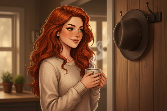 Hazel, Beardo's Brews Ambassador of Good Vibes, standing in a cozy home entryway holding a steaming coffee mug, glancing wistfully at a fedora hat hanging on a hook on the wall, hair loose and wild