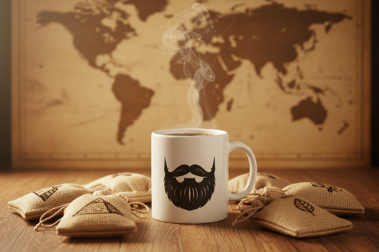 Single Origin Favorites Sample Pack — Beardo's branded mug with mustache and full beard, six small coffee sample bags arranged around it, world map in background, warm rich tones, adventure and discovery energy