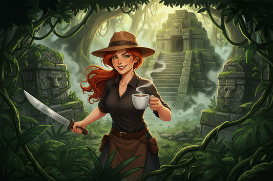 Hazel, Beardo's Brews Ambassador of Good Vibes, wearing a tan fedora, hacking through Colombian jungle with a machete and coffee in hand, ancient stone terraces of Ciudad Perdida emerging from the mist behind her