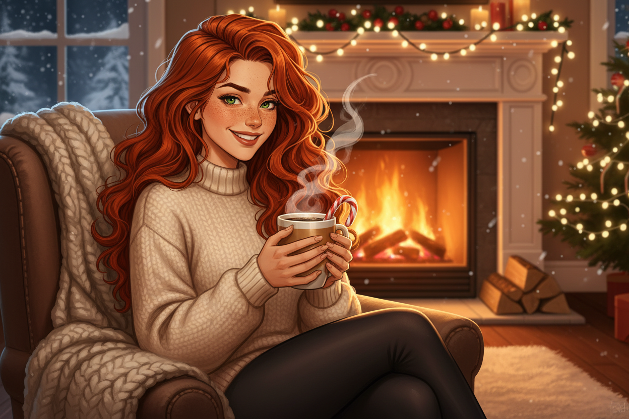 Hazel, Beardo's Brews Ambassador of Good Vibes, sitting in a cozy winter scene holding a steaming coffee mug with a candy cane hooked on the rim, delighted defiant smile, hair loose and wild, fireplace glow and fairy lights — drinking candy cane coffee in July with zero regrets
