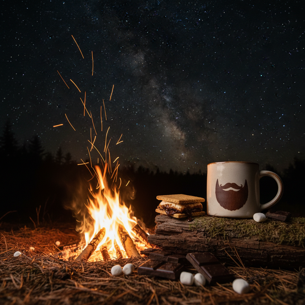 Bearded mug beside a crackling campfire at night with a toasted s'more, chocolate chunks, marshmallows, starry sky, warm golden firelight