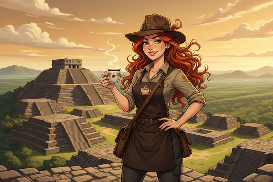 Hazel, Beardo's Brews Ambassador of Good Vibes, in her Indiana Jones fedora standing on top of Monte Albán Zapotec ruins in Oaxaca, Mexico, steaming coffee cup in hand, the valley spread out below