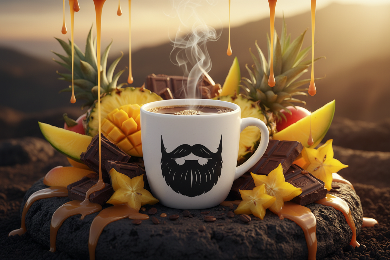 Guatemala — steaming Beardo mug surrounded by dark chocolate pieces, bright tropical fruit and butterscotch drizzle, warm volcanic Guatemalan light behind