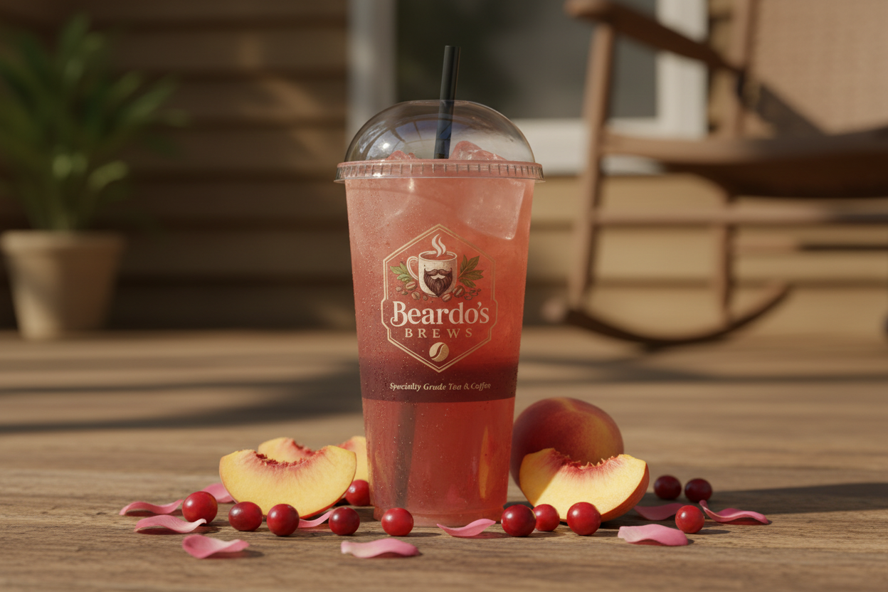 Peach Paradise iced — Beardo's Brews branded iced cup with dome lid and black straw, filled with peachy-pink iced tea, condensation on the outside, fresh peach slices, cranberries and rose petals, golden summer light