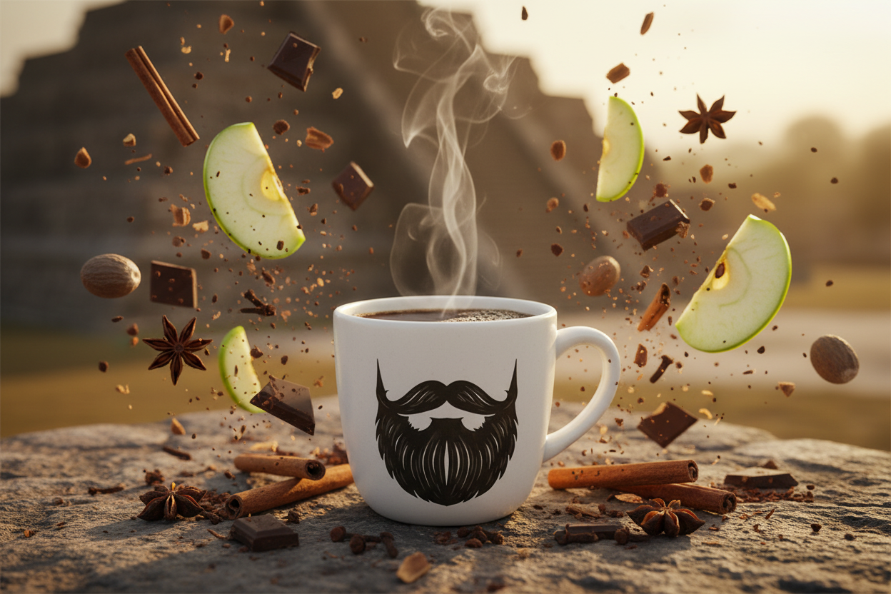 Mexico — steaming Beardo mug surrounded by dark chocolate pieces, cinnamon sticks and fresh green apple slices, warm Oaxacan golden light behind
