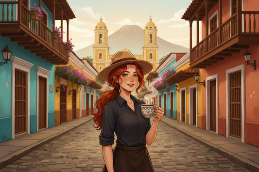 Hazel, Beardo's Brews Ambassador of Good Vibes, wearing a tan fedora with red curly ponytail, strolling through colorful colonial Granada Nicaragua, holding a steaming coffee cup, Cathedral of Granada towers rising behind her, volcano in the misty distance
