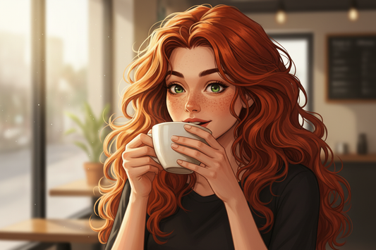 Hazel, Beardo's Brews Ambassador of Good Vibes, mid-sip with a caught-off-guard expression, clearly surprised and impressed by the Blonde roast but trying not to show it, hair loose and wild, bright airy morning light