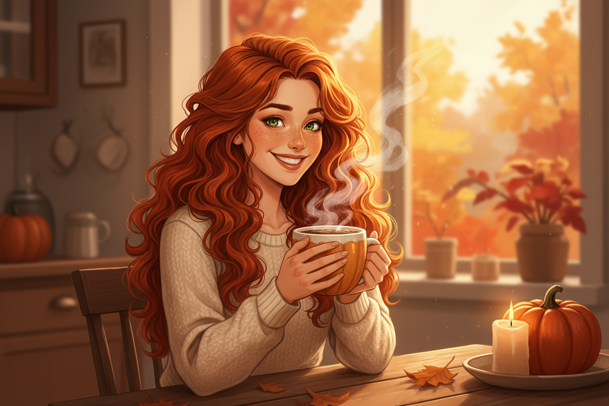 Hazel, Beardo's Brews Ambassador of Good Vibes, sitting at a cozy autumn kitchen table holding a steaming pumpkin spice coffee mug, sheepish delighted grin, fall leaves through the window, warm orange amber light, hair loose and wild — she resisted, she failed, zero regrets