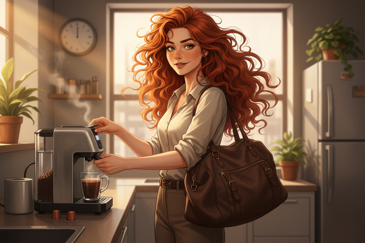 Hazel, Beardo's Brews Ambassador of Good Vibes, at a coffee pod machine inserting a pod with one hand and holding her bag with the other, serene-but-rushing expression, hair loose and wild — understood everything in Bali, now running late