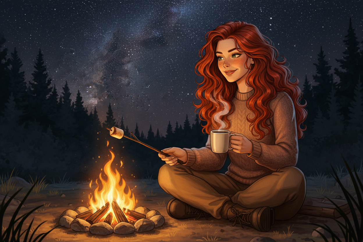 Hazel, Beardo's Brews Ambassador of Good Vibes, sitting beside a crackling campfire at night roasting a marshmallow on a stick, holding a steaming coffee mug, hair wild in the golden firelight, vast starry Milky Way sky above