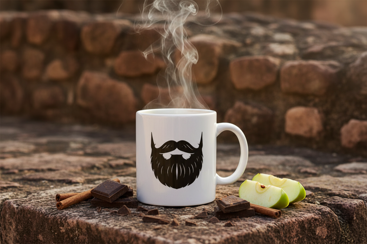 Mexico Single Serve Capsules — Beardo's branded mug with mustache and full beard on ancient Zapotec stone ruins, dark chocolate pieces, cinnamon sticks, fresh green apple slices, warm Mexican highland tones — the cup that changes your plans