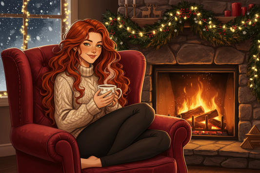 Hazel, Beardo's Brews Ambassador of Good Vibes, curled up in a cozy armchair by a glowing holiday fireplace, holding a steaming coffee mug with both hands, hair loose and wild, fairy lights and snow outside the window behind her