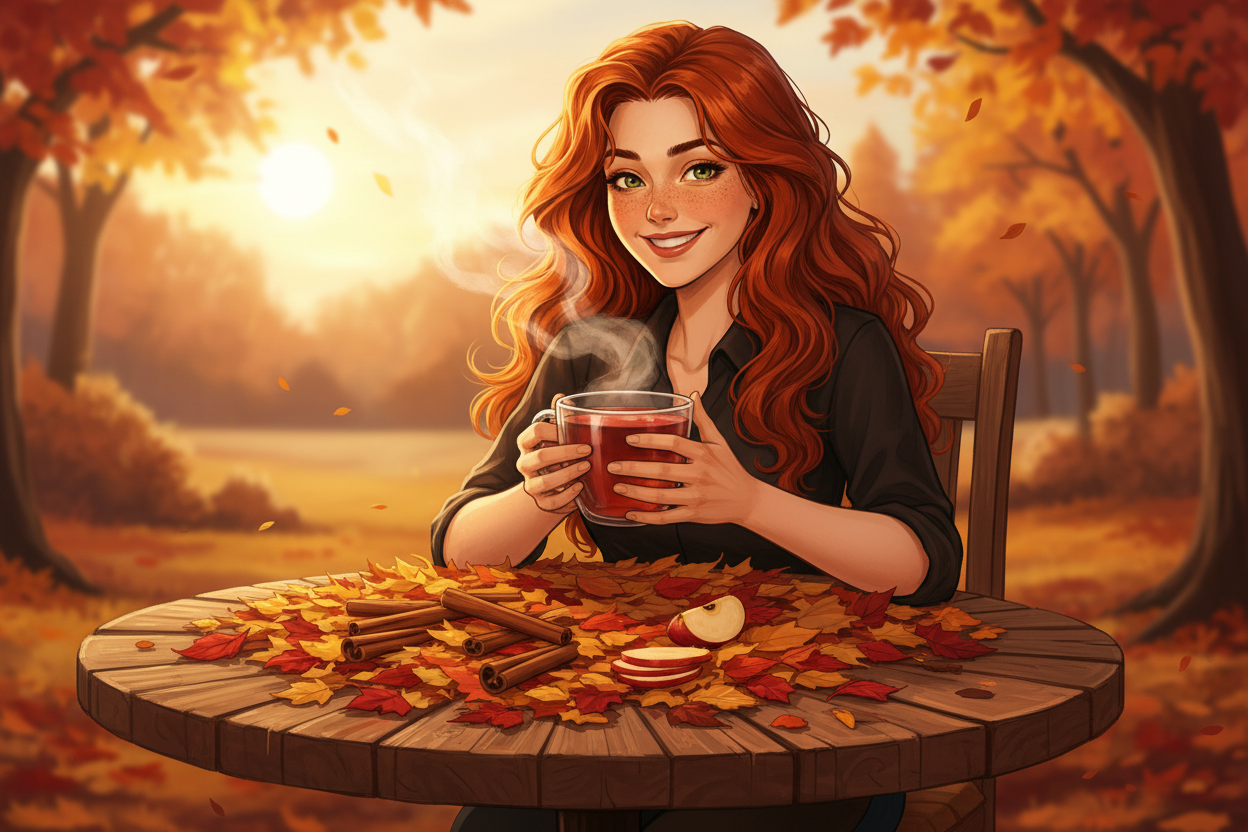 Hazel, Beardo's Brews Ambassador of Good Vibes, sitting at a cozy autumn table outdoors with fallen leaves, holding a steaming rooibos mug with both hands, cinnamon sticks and apple slices on the table, warm amber autumn light — winning at fall