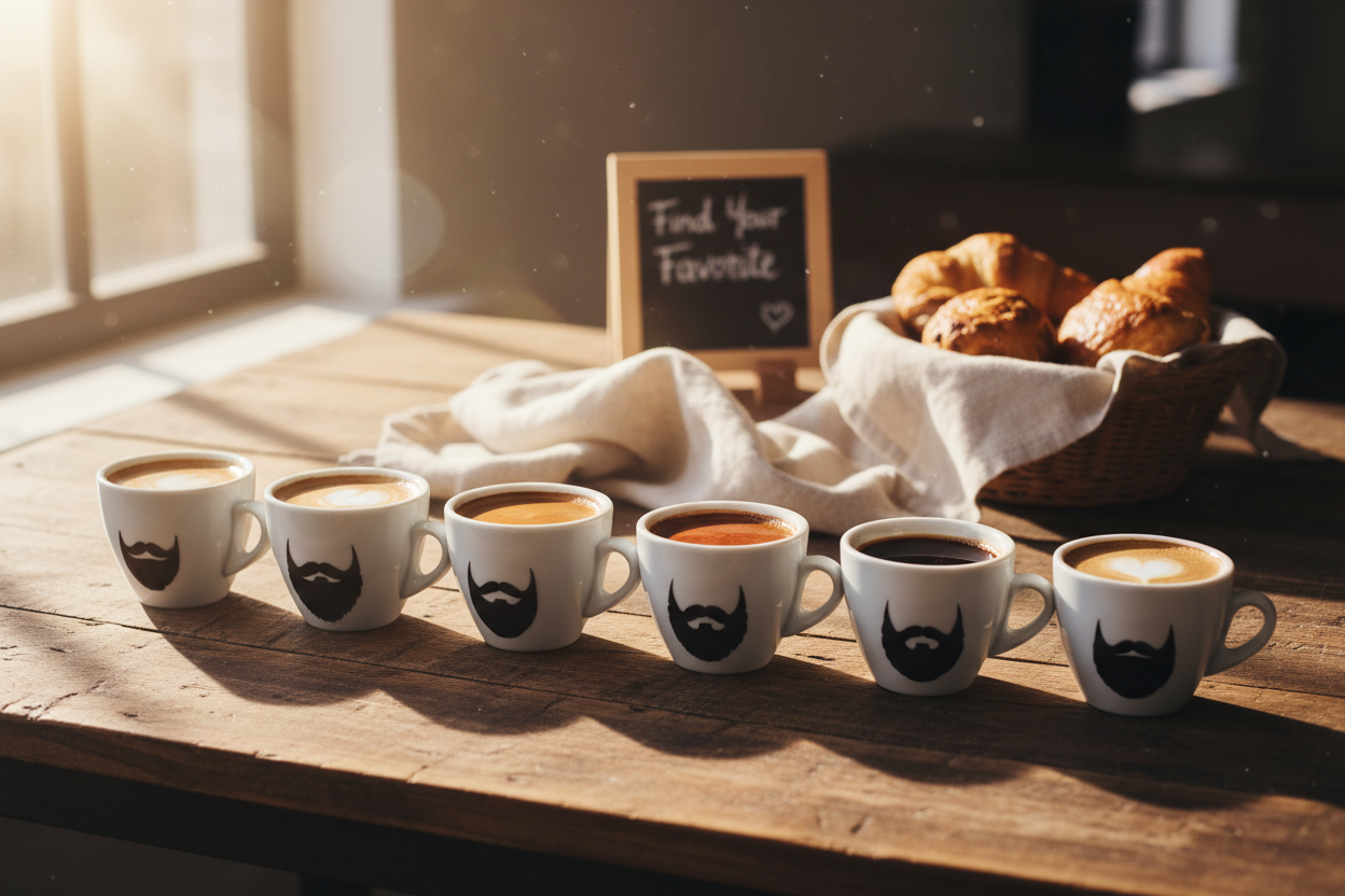 Six bearded espresso cups lined up on a rustic wooden table in warm Sunday morning light with pastries and a Find Your Favorite chalkboard sign