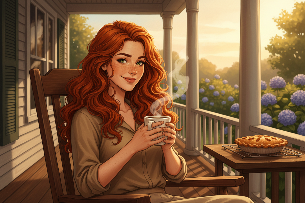 Hazel, Beardo's Brews Ambassador of Good Vibes, sitting on a Southern porch in a rocking chair holding a steaming coffee mug, warm golden afternoon light, pecan pie cooling on the windowsill nearby, hair loose and wild, completely perfectly at home