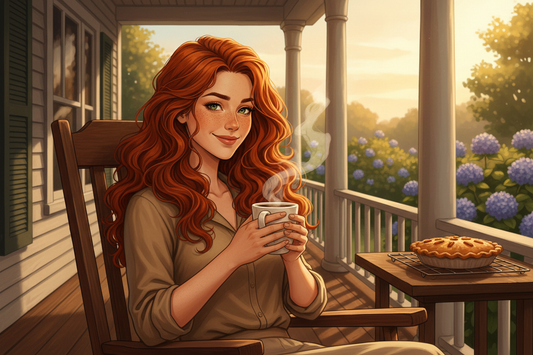 Hazel, Beardo's Brews Ambassador of Good Vibes, sitting on a Southern porch in a rocking chair holding a steaming coffee mug, warm golden afternoon light, pecan pie cooling on the windowsill nearby, hair loose and wild, completely perfectly at home