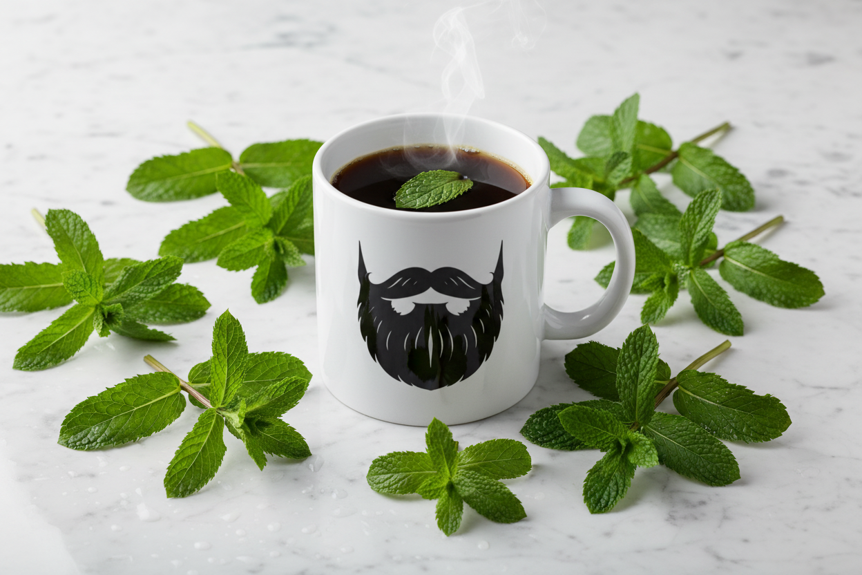 Mint — Beardo's branded mug with mustache and full beard, one fresh mint leaf floating in the cup, abundant mint leaves and peppermint sprigs scattered on white marble, cool green and white tones, crisp fresh light