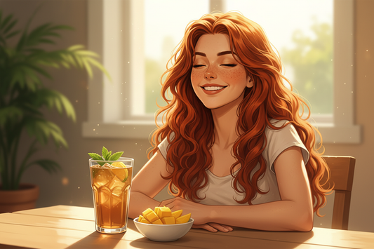 Hazel, Beardo's Brews Ambassador of Good Vibes, sitting at a bright sunny table with a tall iced mango tea, eyes closed in blissful tropical contentment, mango slices nearby — the tropics are accurate