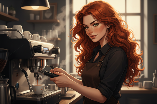 Hazel, Beardo's Brews Ambassador of Good Vibes, at a sleek espresso machine pulling a shot with intense concentration, hair loose and wild, warm dramatic light — three continents, one extraordinary shot