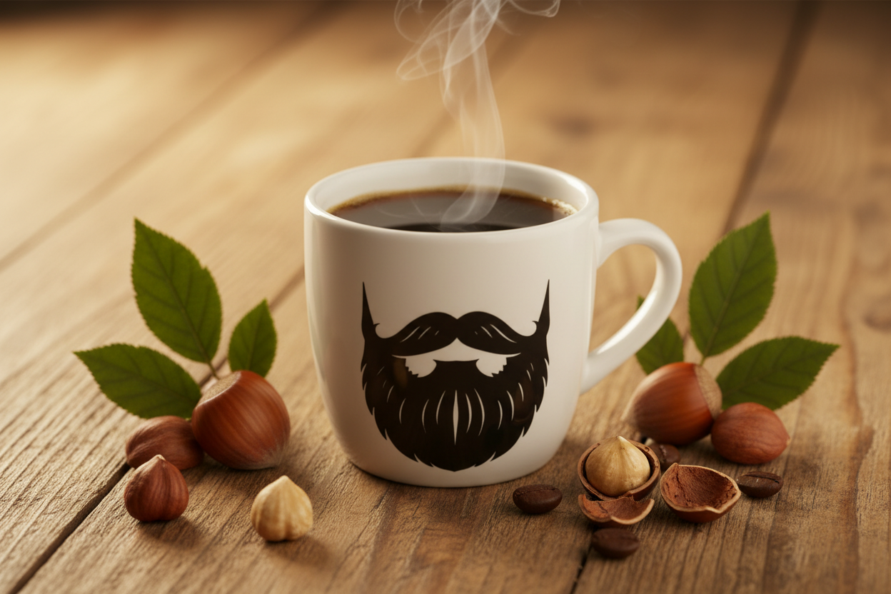 Hazelnut — steaming Beardo mug surrounded by whole and cracked hazelnuts, hazelnut leaves, warm nutty brown tones and soft golden autumn light
