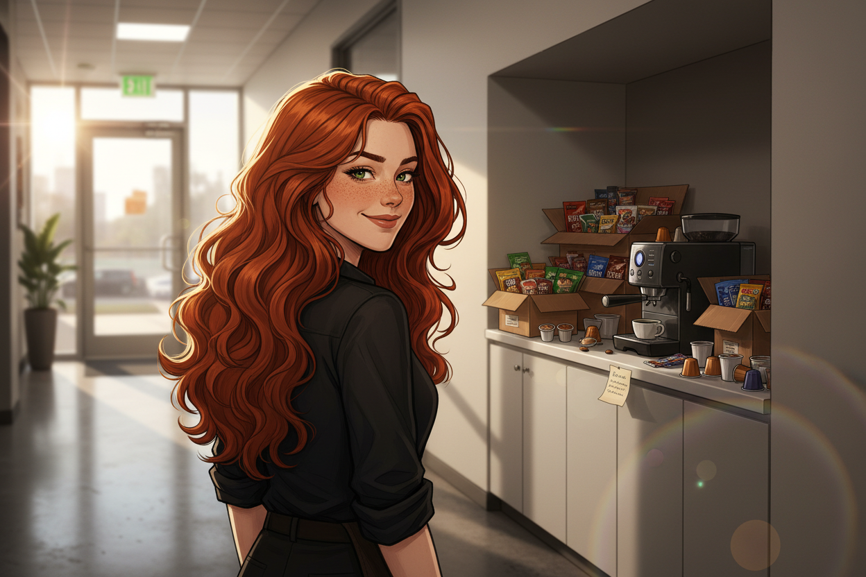 Hazel, Beardo's Brews Ambassador of Good Vibes, walking away down a hallway looking back over her shoulder at a fully stocked office coffee station with boxes of capsules everywhere and a handwritten note on the counter — nobody saw her leave