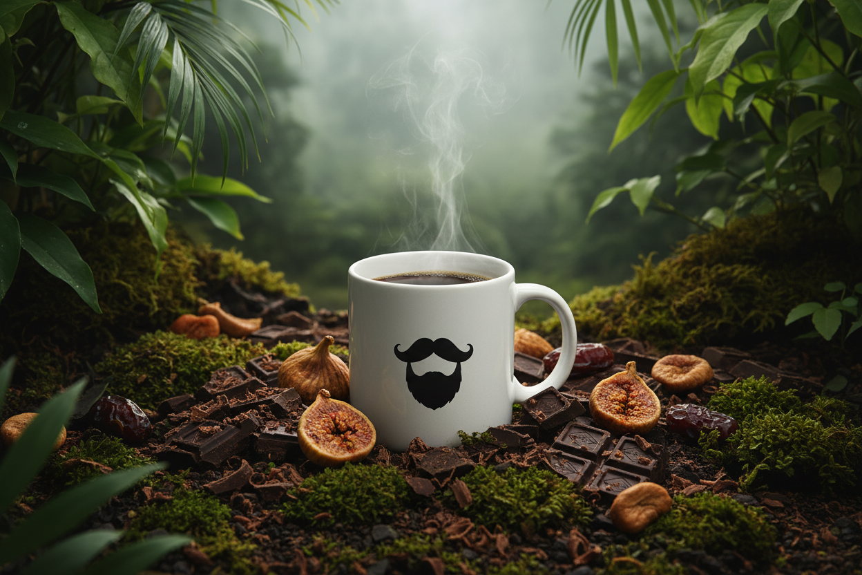 Sumatra — steaming Beardo mug surrounded by dark chocolate pieces, dried figs and dates, earthy moss and lush jungle foliage, misty Sumatran highlands behind
