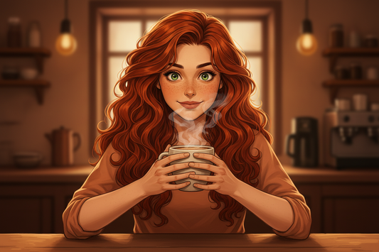 Hazel, Beardo's Brews Ambassador of Good Vibes, sitting at a cozy kitchen table holding a steaming coffee mug, staring at the steam in total bliss, hair loose and wild, warm rich indulgent light