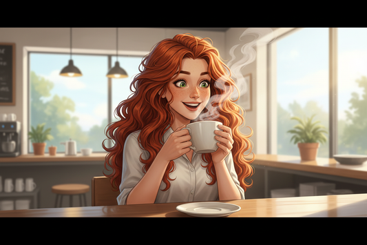 Hazel, Beardo's Brews Ambassador of Good Vibes, eyes snapping wide open mid-sip with pure surprised delight, holding a steaming coffee mug, hair loose and wild, bright airy light — the wake-up call she did not expect