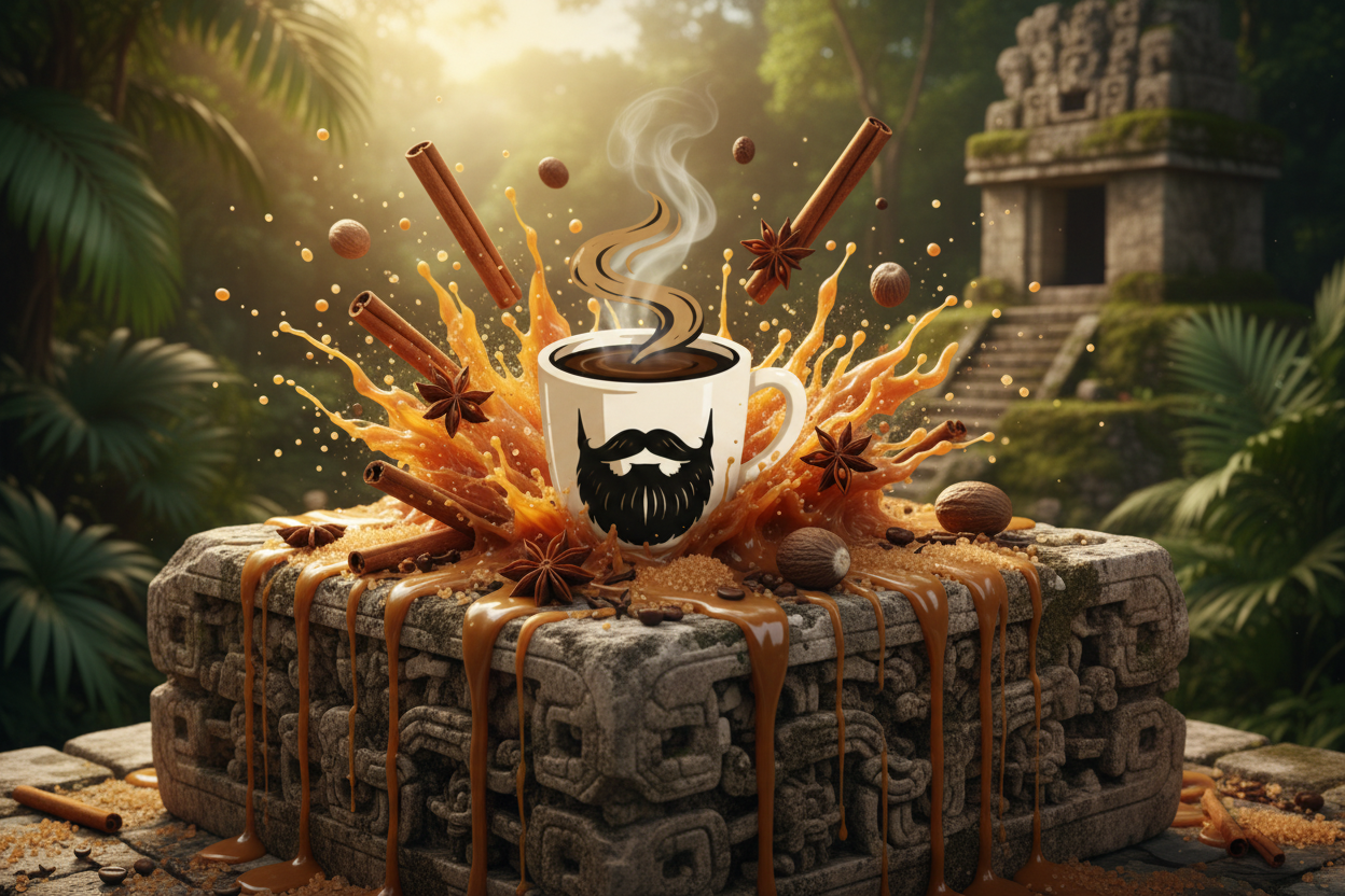 Honduras — steaming Beardo mug surrounded by golden caramel drizzle, cinnamon sticks, brown sugar crystals and warm spices, lush Honduran jungle and ancient Mayan stone ruins behind