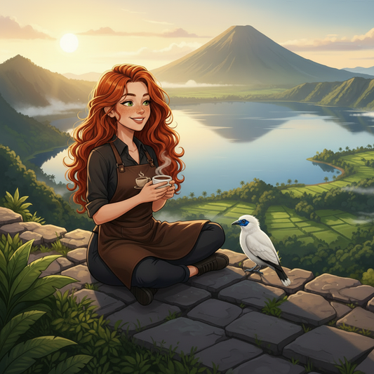Hazel on the volcanic slopes of Kintamani Bali with a critically endangered Bali Starling perched nearby