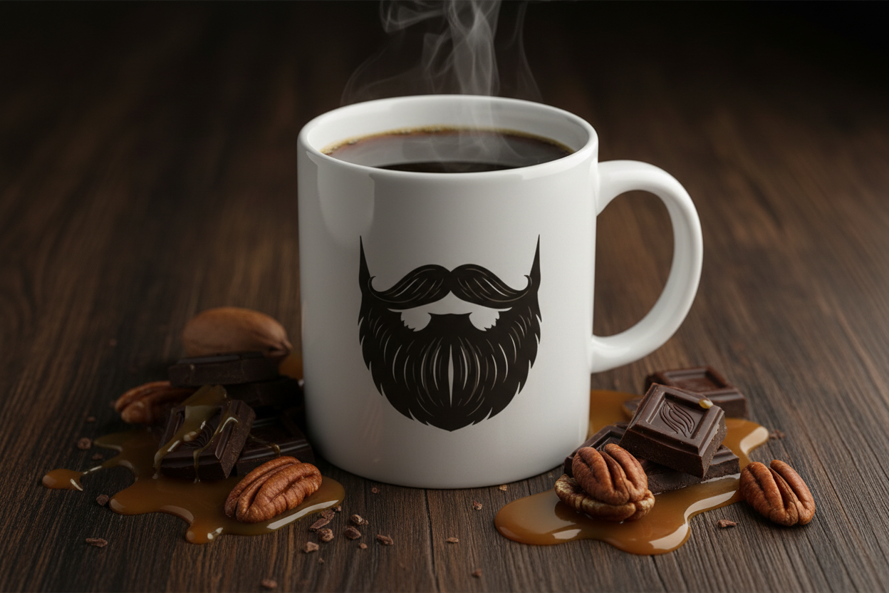 Turtle — steaming Beardo mug surrounded by dark chocolate chunks, caramel drizzle, whole pecans and pecan halves, rich deep brown and gold tones, decadent indulgent moody lighting