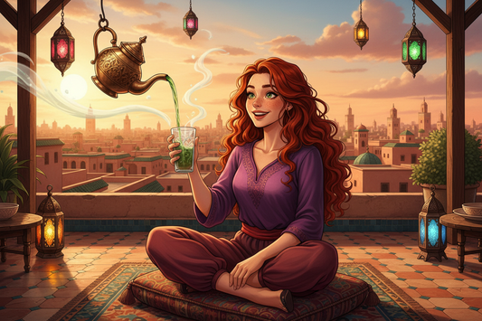 Hazel, Beardo's Brews Ambassador of Good Vibes, on a Moroccan rooftop riad terrace in Marrakech at golden hour, holding an ornate glass as steaming mint tea pours dramatically from a floating brass teapot above, medina rooftops and minarets behind