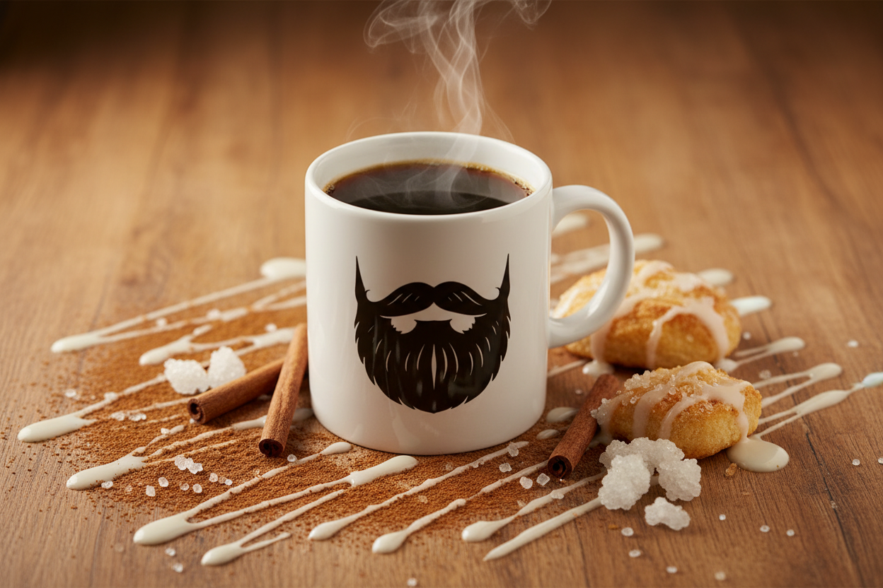 Cinnabun — steaming Beardo mug surrounded by cinnamon swirls, cinnamon sticks, white icing drizzle cascading dramatically and sugar crystals, warm golden bakery light