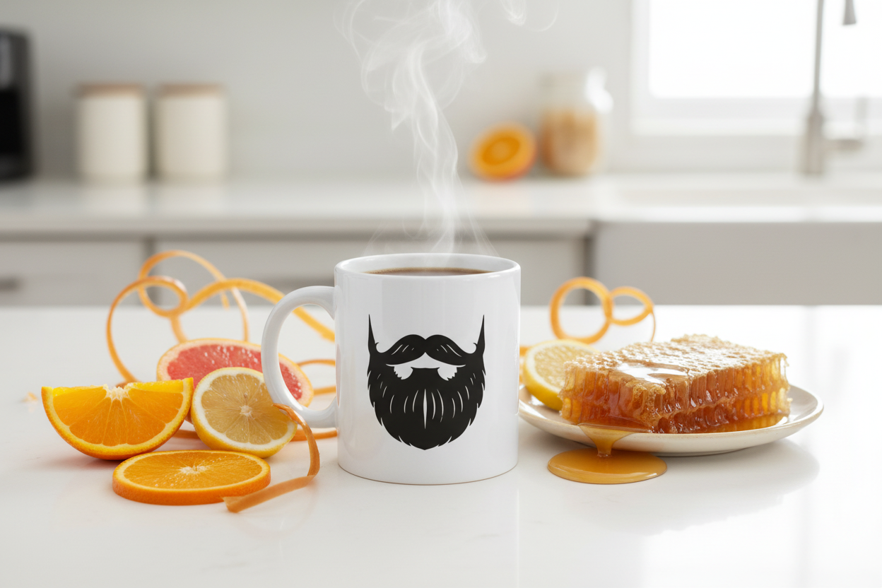 Blonde — Beardo's branded mug with mustache and full beard, fresh citrus slices, honeycomb dripping honey, soft caramel tones, bright airy light, med-light roast energy