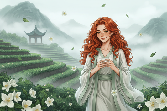 Hazel, Beardo's Brews Ambassador of Good Vibes, walking through ancient terraced jasmine tea gardens on a misty Chinese mountain, holding a delicate porcelain teacup, jasmine blossoms floating around her in the soft mist