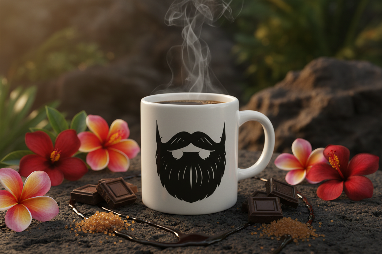Bali Coffee Pods — Beardo's branded mug with mustache and full beard, dark chocolate pieces, molasses drizzle, brown sugar crystals, tropical Bali flowers on volcanic stone, rich deep volcanic tones