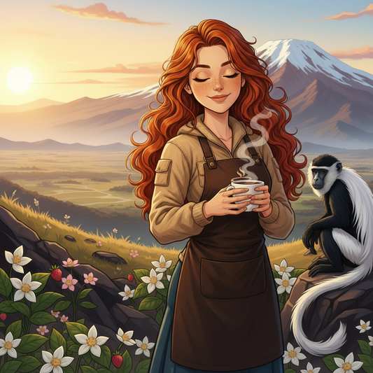 Hazel in Tanzania's Mbeya Region with a Black-and-white Colobus Monkey in the trees above