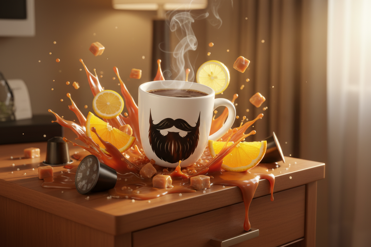 Peru Single Serve Capsules — steaming Beardo mug surrounded by salted caramel drizzle, fresh citrus slices and a single serve capsule pod, warm golden hotel morning light