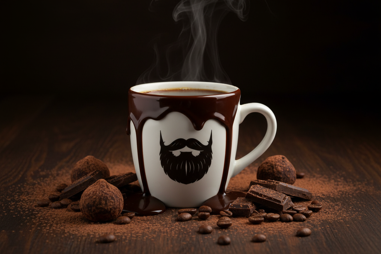 Mocha — steaming Beardo mug with melted chocolate drizzled dramatically over and around it, dark chocolate shards, cocoa powder, chocolate truffles and coffee beans, rich dark moody indulgent lighting