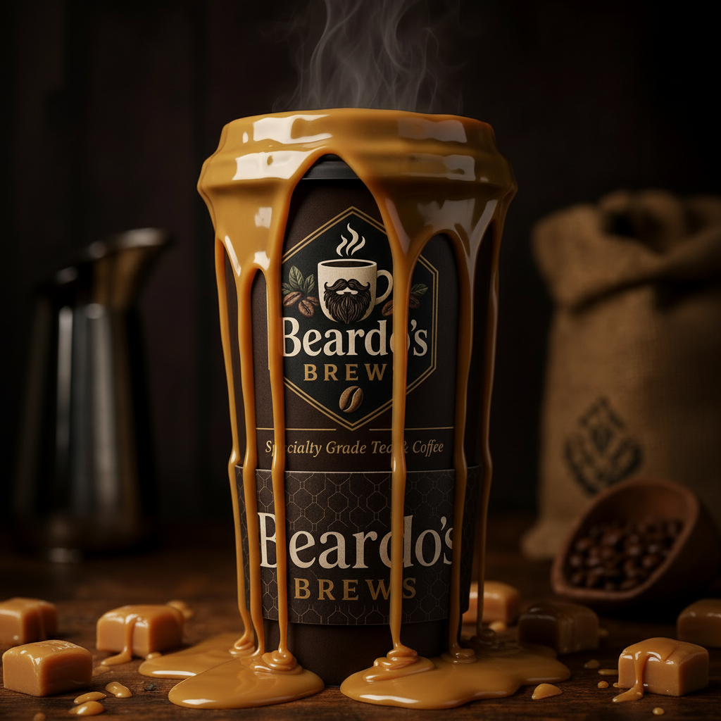 Caramel Coffee — Beardo's branded hot cup drenched in caramel
