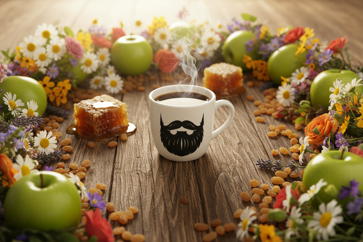 Costa Rica — steaming Beardo mug surrounded by fresh apples, golden raisins and honeycomb dripping with honey