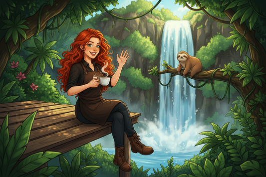 Hazel, Beardo's Brews Ambassador of Good Vibes, sitting in a Costa Rican rainforest canopy with a steaming coffee cup, waterfall behind her, sloth watching from a nearby branch, Pura Vida energy